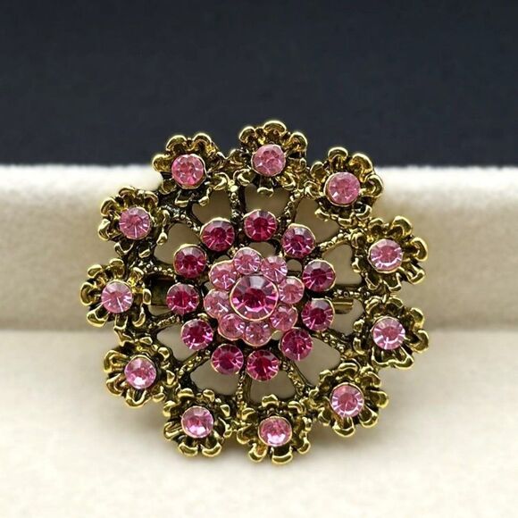 Yellow Gold with Light and Dark Pink Sapphire Crystal Flower Pin Back Brooch - Picture 3 of 7